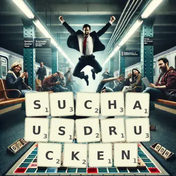 Kreative Illustration für ein Scrabble-Spiel, bei dem das Wort SUCHAUSDRUCKEN mit Steinen auf dem Brett gelegt wurde.