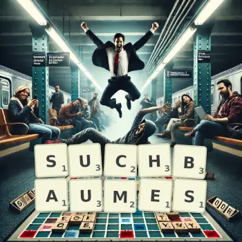 Kreative Illustration für ein Scrabble-Spiel, bei dem das Wort SUCHBAUMES mit Steinen auf dem Brett gelegt wurde.