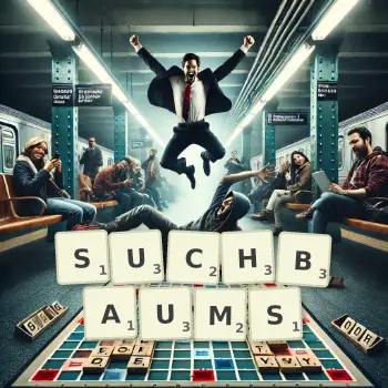 Kreative Illustration für ein Scrabble-Spiel, bei dem das Wort SUCHBAUMS mit Steinen auf dem Brett gelegt wurde.