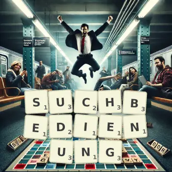 Kreative Illustration für ein Scrabble-Spiel, bei dem das Wort SUCHBEDIENUNG mit Steinen auf dem Brett gelegt wurde.