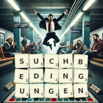 Kreative Illustration für ein Scrabble-Spiel, bei dem das Wort SUCHBEDINGUNGEN mit Steinen auf dem Brett gelegt wurde.