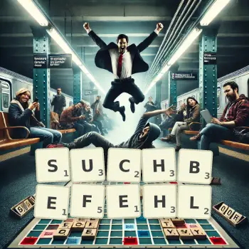 Kreative Illustration für ein Scrabble-Spiel, bei dem das Wort SUCHBEFEHL mit Steinen auf dem Brett gelegt wurde.