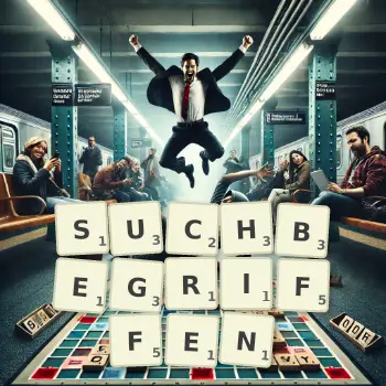 Kreative Illustration für ein Scrabble-Spiel, bei dem das Wort SUCHBEGRIFFEN mit Steinen auf dem Brett gelegt wurde.