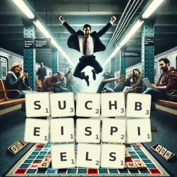 Kreative Illustration für ein Scrabble-Spiel, bei dem das Wort SUCHBEISPIELS mit Steinen auf dem Brett gelegt wurde.