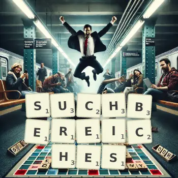 Kreative Illustration für ein Scrabble-Spiel, bei dem das Wort SUCHBEREICHES mit Steinen auf dem Brett gelegt wurde.