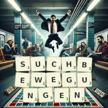 Kreative Illustration für ein Scrabble-Spiel, bei dem das Wort SUCHBEWEGUNGEN mit Steinen auf dem Brett gelegt wurde.
