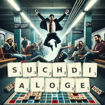 Kreative Illustration für ein Scrabble-Spiel, bei dem das Wort SUCHDIALOGE mit Steinen auf dem Brett gelegt wurde.