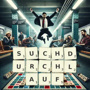Kreative Illustration für ein Scrabble-Spiel, bei dem das Wort SUCHDURCHLAUF mit Steinen auf dem Brett gelegt wurde.