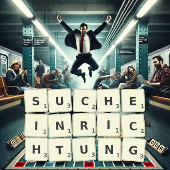 Kreative Illustration für ein Scrabble-Spiel, bei dem das Wort SUCHEINRICHTUNG mit Steinen auf dem Brett gelegt wurde.