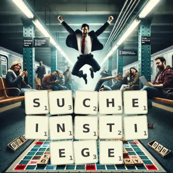 Kreative Illustration für ein Scrabble-Spiel, bei dem das Wort SUCHEINSTIEGE mit Steinen auf dem Brett gelegt wurde.