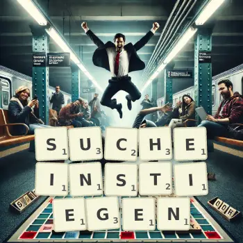 Kreative Illustration für ein Scrabble-Spiel, bei dem das Wort SUCHEINSTIEGEN mit Steinen auf dem Brett gelegt wurde.