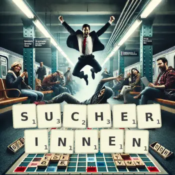 Kreative Illustration für ein Scrabble-Spiel, bei dem das Wort SUCHERINNEN mit Steinen auf dem Brett gelegt wurde.