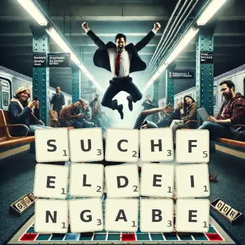 Kreative Illustration für ein Scrabble-Spiel, bei dem das Wort SUCHFELDEINGABE mit Steinen auf dem Brett gelegt wurde.