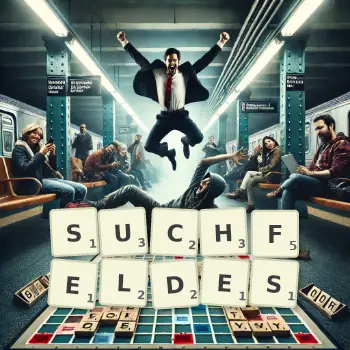 Kreative Illustration für ein Scrabble-Spiel, bei dem das Wort SUCHFELDES mit Steinen auf dem Brett gelegt wurde.