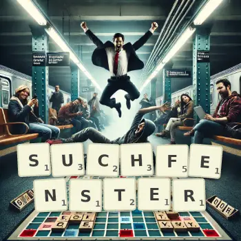 Kreative Illustration für ein Scrabble-Spiel, bei dem das Wort SUCHFENSTER mit Steinen auf dem Brett gelegt wurde.