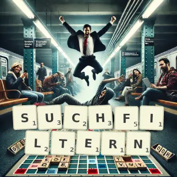 Kreative Illustration für ein Scrabble-Spiel, bei dem das Wort SUCHFILTERN mit Steinen auf dem Brett gelegt wurde.