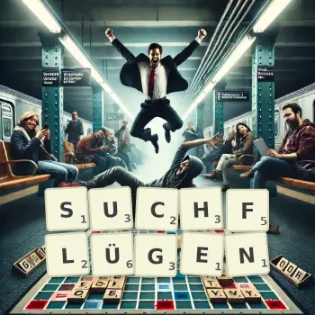 Kreative Illustration für ein Scrabble-Spiel, bei dem das Wort SUCHFLÜGEN mit Steinen auf dem Brett gelegt wurde.