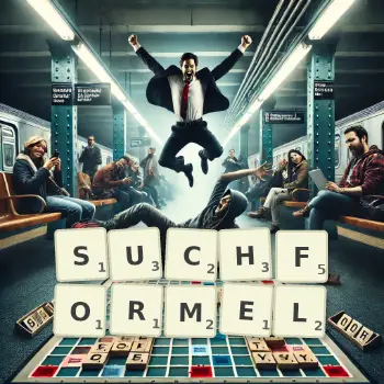 Kreative Illustration für ein Scrabble-Spiel, bei dem das Wort SUCHFORMEL mit Steinen auf dem Brett gelegt wurde.