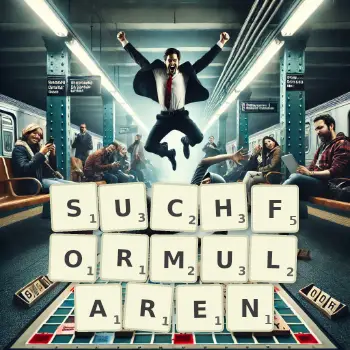 Kreative Illustration für ein Scrabble-Spiel, bei dem das Wort SUCHFORMULAREN mit Steinen auf dem Brett gelegt wurde.