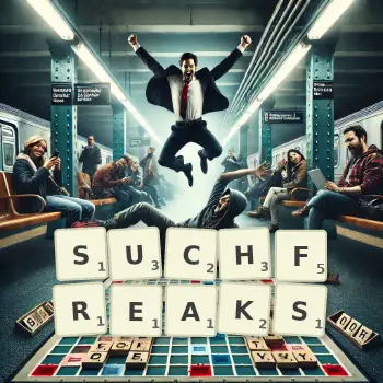 Kreative Illustration für ein Scrabble-Spiel, bei dem das Wort SUCHFREAKS mit Steinen auf dem Brett gelegt wurde.