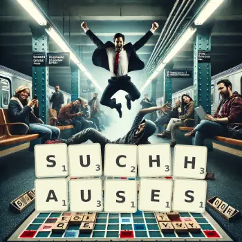 Kreative Illustration für ein Scrabble-Spiel, bei dem das Wort SUCHHAUSES mit Steinen auf dem Brett gelegt wurde.