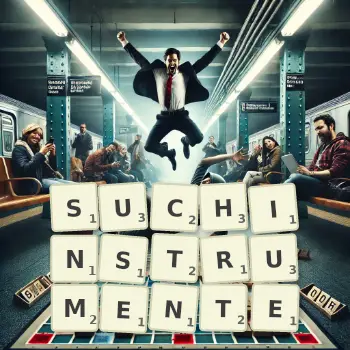 Kreative Illustration für ein Scrabble-Spiel, bei dem das Wort SUCHINSTRUMENTE mit Steinen auf dem Brett gelegt wurde.