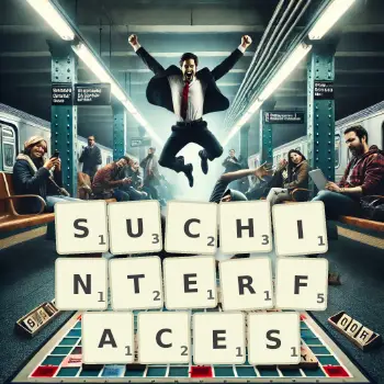 Kreative Illustration für ein Scrabble-Spiel, bei dem das Wort SUCHINTERFACES mit Steinen auf dem Brett gelegt wurde.