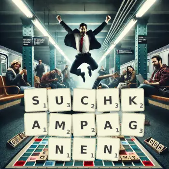 Kreative Illustration für ein Scrabble-Spiel, bei dem das Wort SUCHKAMPAGNEN mit Steinen auf dem Brett gelegt wurde.