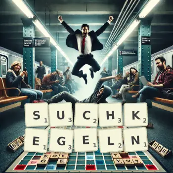 Kreative Illustration für ein Scrabble-Spiel, bei dem das Wort SUCHKEGELN mit Steinen auf dem Brett gelegt wurde.