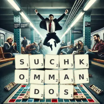 Kreative Illustration für ein Scrabble-Spiel, bei dem das Wort SUCHKOMMANDOS mit Steinen auf dem Brett gelegt wurde.