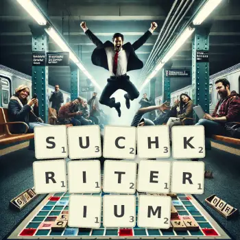 Kreative Illustration für ein Scrabble-Spiel, bei dem das Wort SUCHKRITERIUM mit Steinen auf dem Brett gelegt wurde.