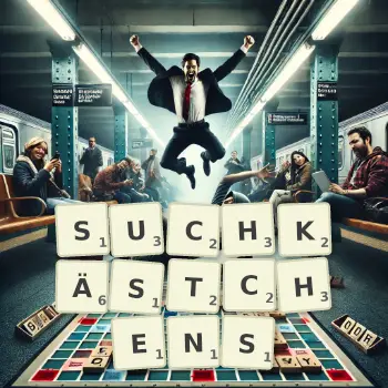 Kreative Illustration für ein Scrabble-Spiel, bei dem das Wort SUCHKÄSTCHENS mit Steinen auf dem Brett gelegt wurde.