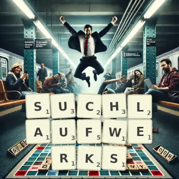 Kreative Illustration für ein Scrabble-Spiel, bei dem das Wort SUCHLAUFWERKS mit Steinen auf dem Brett gelegt wurde.