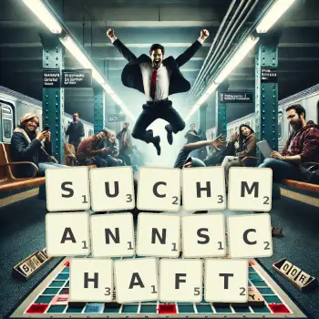 Kreative Illustration für ein Scrabble-Spiel, bei dem das Wort SUCHMANNSCHAFT mit Steinen auf dem Brett gelegt wurde.