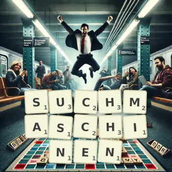 Kreative Illustration für ein Scrabble-Spiel, bei dem das Wort SUCHMASCHINEN mit Steinen auf dem Brett gelegt wurde.