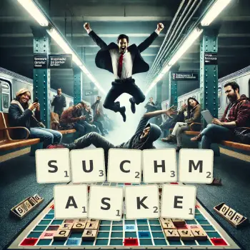 Kreative Illustration für ein Scrabble-Spiel, bei dem das Wort SUCHMASKE mit Steinen auf dem Brett gelegt wurde.