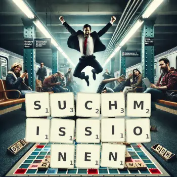 Kreative Illustration für ein Scrabble-Spiel, bei dem das Wort SUCHMISSIONEN mit Steinen auf dem Brett gelegt wurde.