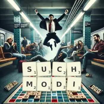 Kreative Illustration für ein Scrabble-Spiel, bei dem das Wort SUCHMODI mit Steinen auf dem Brett gelegt wurde.