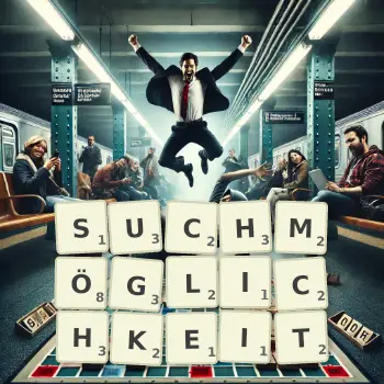 Kreative Illustration für ein Scrabble-Spiel, bei dem das Wort SUCHMÖGLICHKEIT mit Steinen auf dem Brett gelegt wurde.