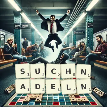 Kreative Illustration für ein Scrabble-Spiel, bei dem das Wort SUCHNADELN mit Steinen auf dem Brett gelegt wurde.