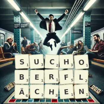 Kreative Illustration für ein Scrabble-Spiel, bei dem das Wort SUCHOBERFLÄCHEN mit Steinen auf dem Brett gelegt wurde.