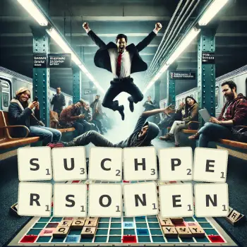 Kreative Illustration für ein Scrabble-Spiel, bei dem das Wort SUCHPERSONEN mit Steinen auf dem Brett gelegt wurde.