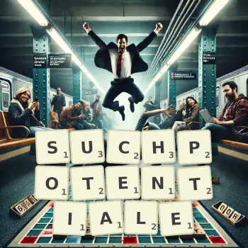 Kreative Illustration für ein Scrabble-Spiel, bei dem das Wort SUCHPOTENTIALE mit Steinen auf dem Brett gelegt wurde.