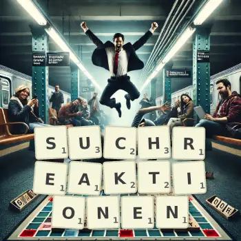 Kreative Illustration für ein Scrabble-Spiel, bei dem das Wort SUCHREAKTIONEN mit Steinen auf dem Brett gelegt wurde.