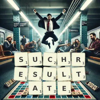 Kreative Illustration für ein Scrabble-Spiel, bei dem das Wort SUCHRESULTATE mit Steinen auf dem Brett gelegt wurde.