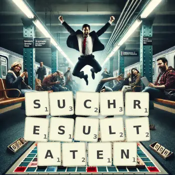 Kreative Illustration für ein Scrabble-Spiel, bei dem das Wort SUCHRESULTATEN mit Steinen auf dem Brett gelegt wurde.