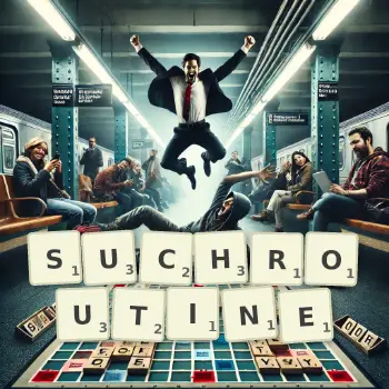 Kreative Illustration für ein Scrabble-Spiel, bei dem das Wort SUCHROUTINE mit Steinen auf dem Brett gelegt wurde.