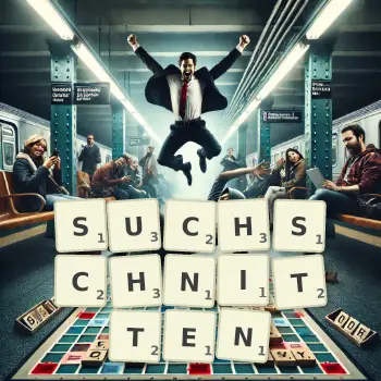 Kreative Illustration für ein Scrabble-Spiel, bei dem das Wort SUCHSCHNITTEN mit Steinen auf dem Brett gelegt wurde.