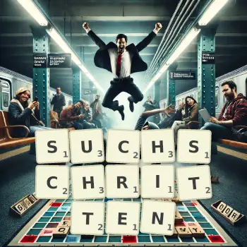 Kreative Illustration für ein Scrabble-Spiel, bei dem das Wort SUCHSCHRITTEN mit Steinen auf dem Brett gelegt wurde.