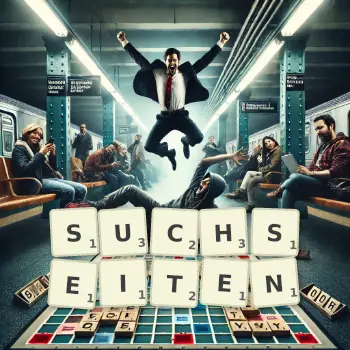 Kreative Illustration für ein Scrabble-Spiel, bei dem das Wort SUCHSEITEN mit Steinen auf dem Brett gelegt wurde.
